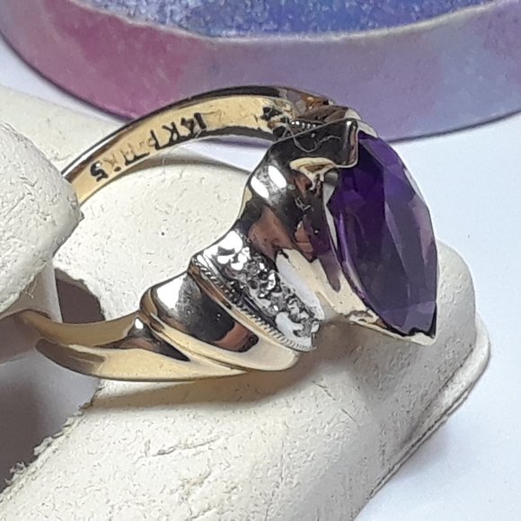 Estate 1.55cttw AA+ Marquise Amethyst & Diamond shrimp sides 14Kt YG Ring #17261 - Picture 4 of 5